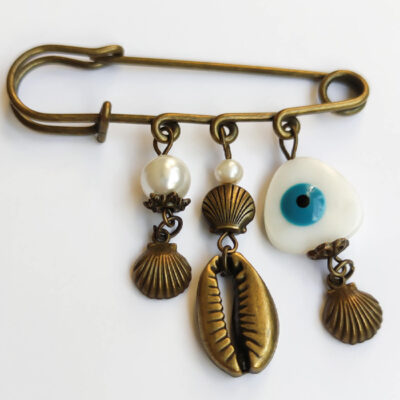 Evil Eye Brass Safety Pin Brooch – Minimalist Amulet Design