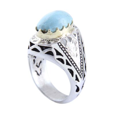Neyshabur Turquoise Silver Gemstone Ring for Men – Mirror Inlay Model, Traditional Persian Design