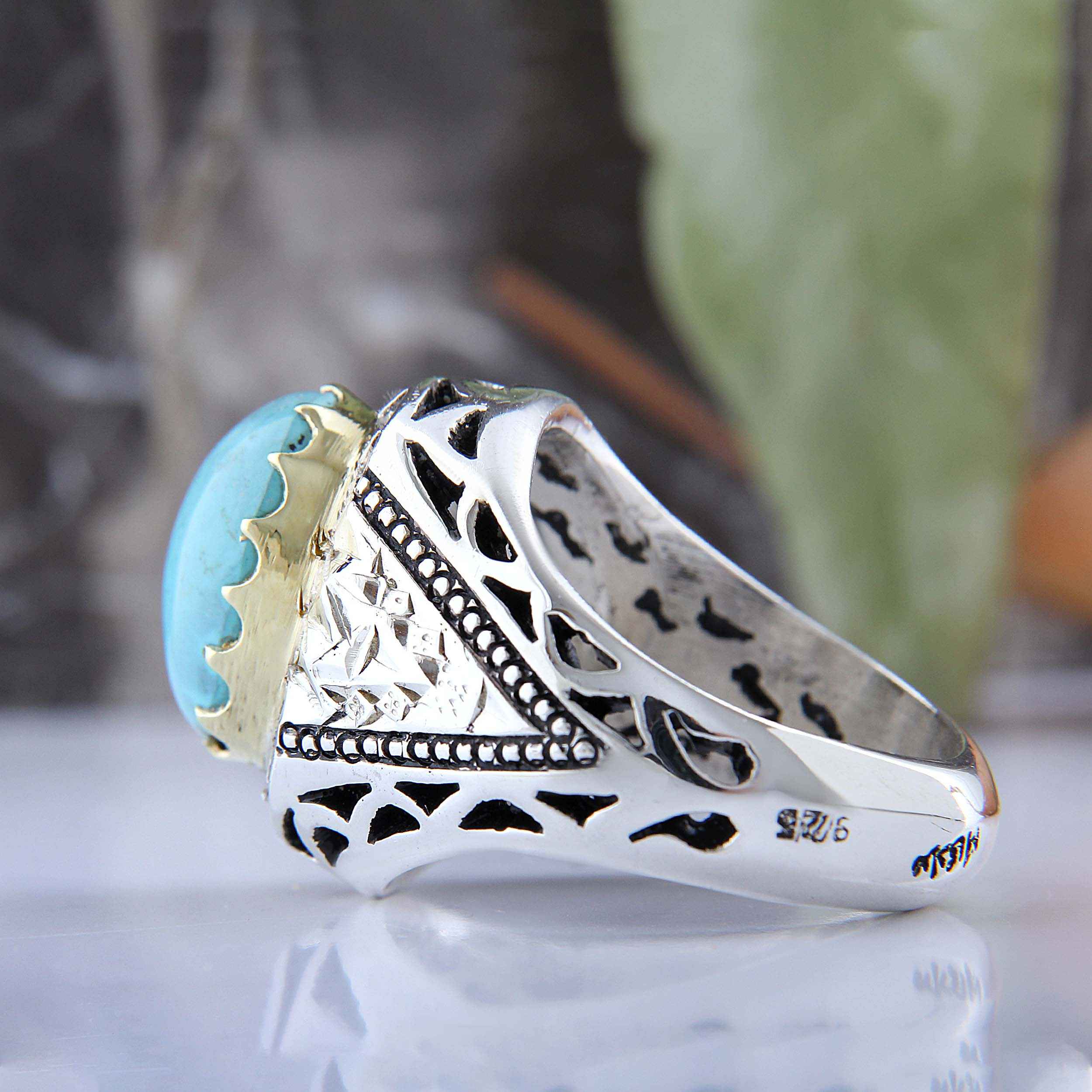Persian Neyshabur Turquoise Silver Ring for Men Model Mirror Inlay