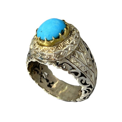 Neyshabur Turquoise Silver Gemstone Ring for Men – Mirror Work Model, Traditional Persian Design
