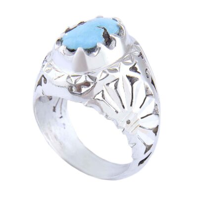 Neyshabur Turquoise Silver Gemstone Ring – Handcrafted III Model, Traditional Persian Design