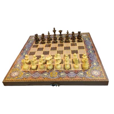 Handcrafted Persian Wooden Marquetry Chess Board with 32 Pieces & Floral Design