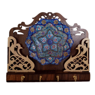 Handcrafted Persian Wooden Wall Key Holder with Four Hooks and Floral Design