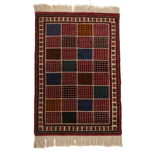 Hand-Knotted Persian Khorasan Tribal Rug (Checkered Panel Pattern) – Maroon Wool