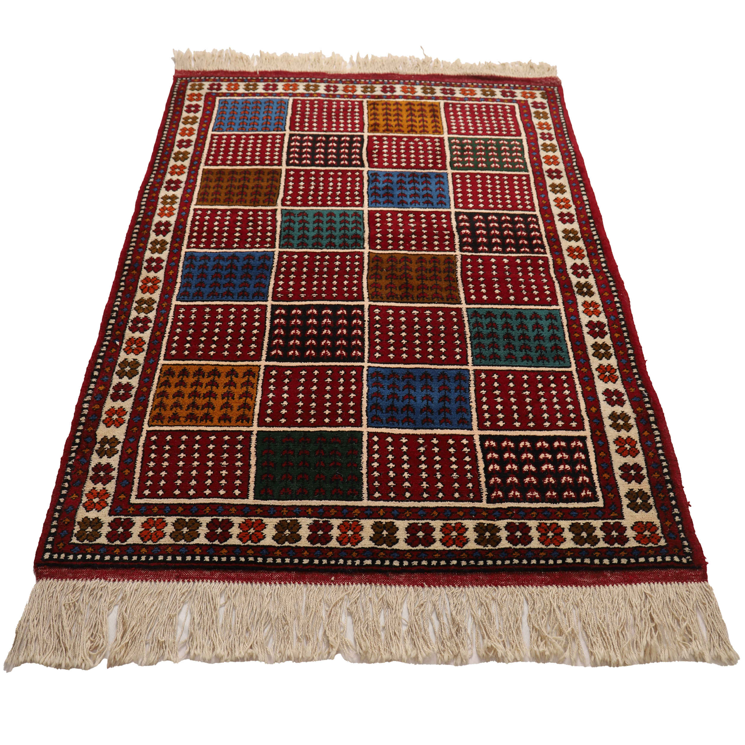 Hand-Knotted Persian Khorasan Tribal Rug (Checkered Panel Pattern) – Maroon Wool