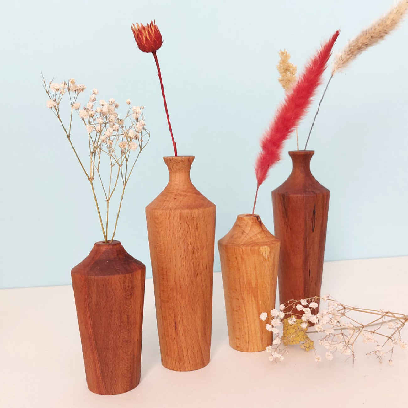 Set of Two Handcrafted Decorative Bud Vases, Skillfully Made from Natural Solid Wood for a Rustic Accent