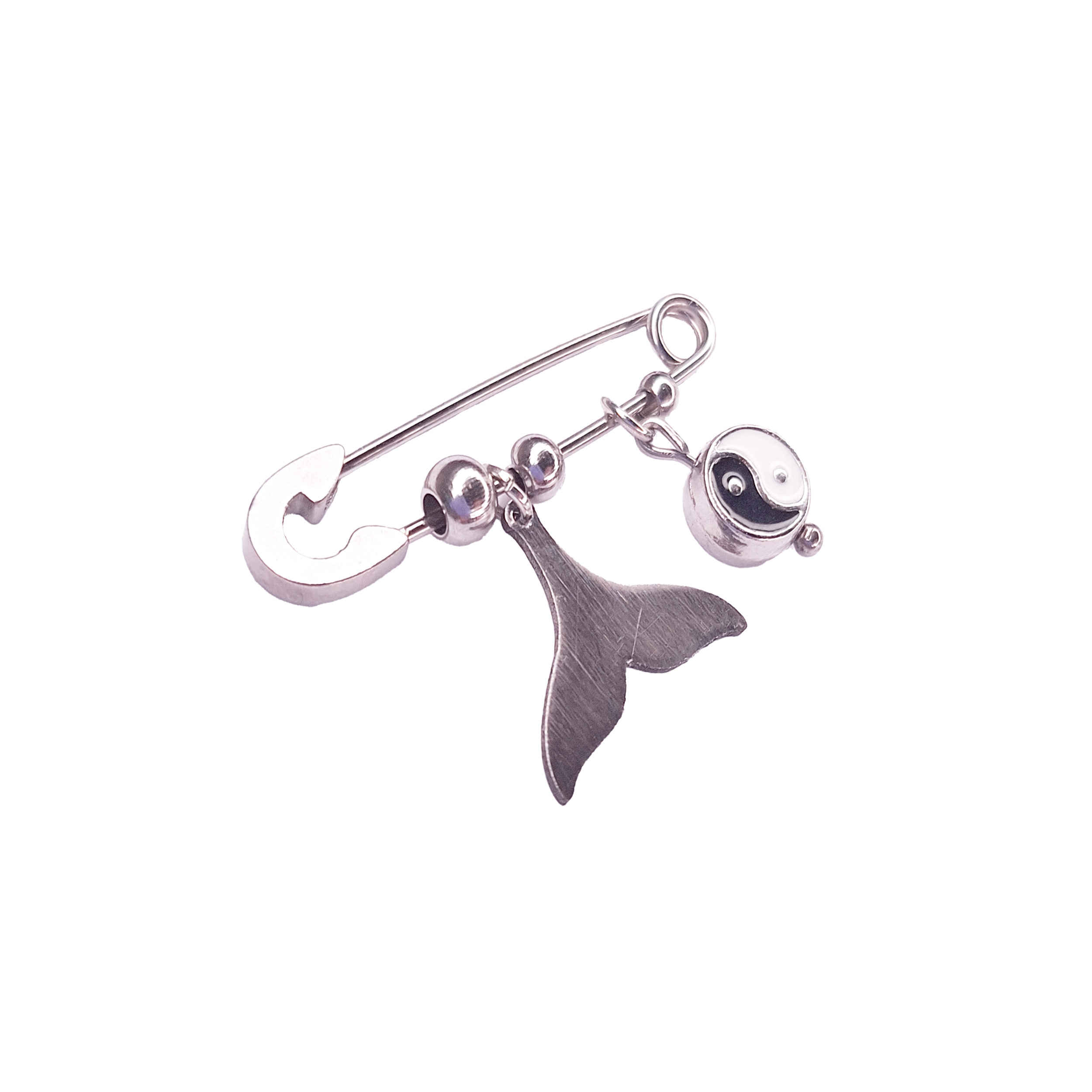 Safety Pin Brooch with Yin Yang & Mermaid Tail Design – Balance and Fantasy