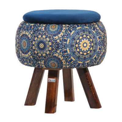 Round Velvet Footstool with Wooden Legs Inspired by Persian Art Blue Ghaem