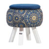 Round Velvet Footstool with Wooden Legs Inspired by Persian Art Blue Ghaem