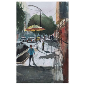 Original Realism Painting – Watercolor on Cardboard, Tehran Street by Bijan Ghahramani