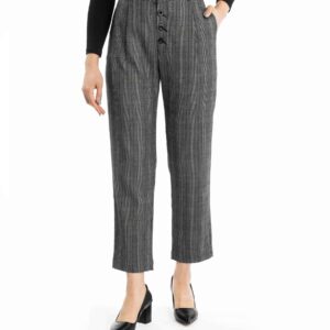 Women’s Straight Fit Plaid Pleated Trouser Pants with Pocket