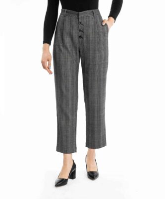 Women's Straight Fit Plaid Pleated Pants with Pockets
