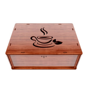 Wooden Tea Bag Storage Box – Elegant Cup-Themed Artwork