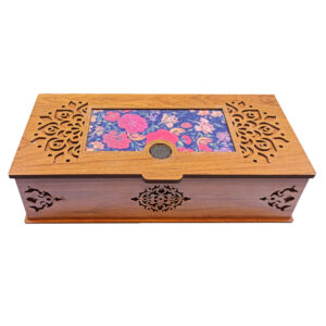Floral Patterned Tea Organizer Chest – Natural Wooden Finish