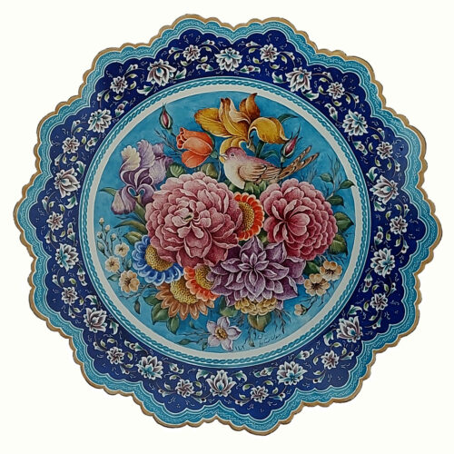 Hand-Painted Persian Minakari Copper Decorative Display Plate, Birds and Flowers Enamelwork