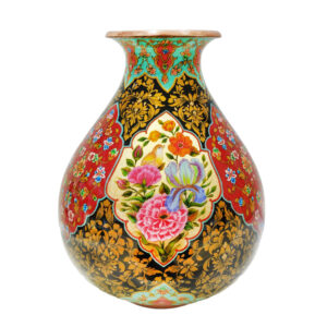 Decorative Persian Copper Vase with a Bulbous Shape, Featuring an Artistic Handcrafted Gol-o-Morgh Design