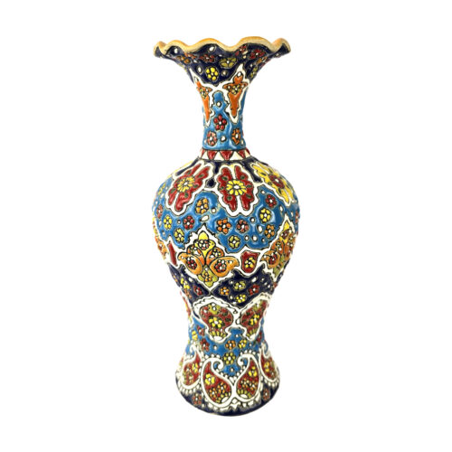 Decorative Pottery Vase with Persian Minakari Enamel Art, Featuring Hand-Painted Floral Detailing