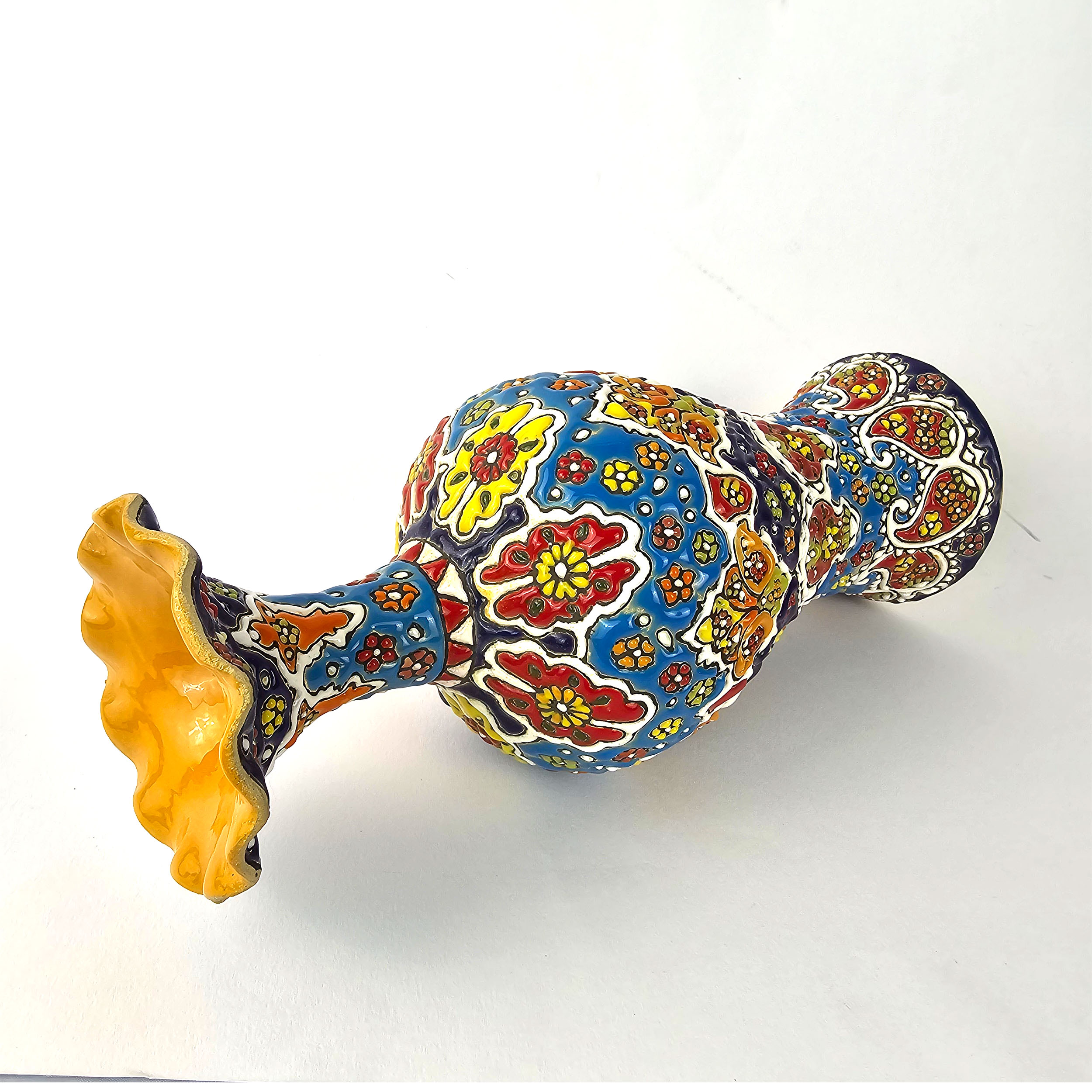 Decorative Pottery Vase with Persian Minakari Enamel Art, Featuring Hand-Painted Floral Detailing