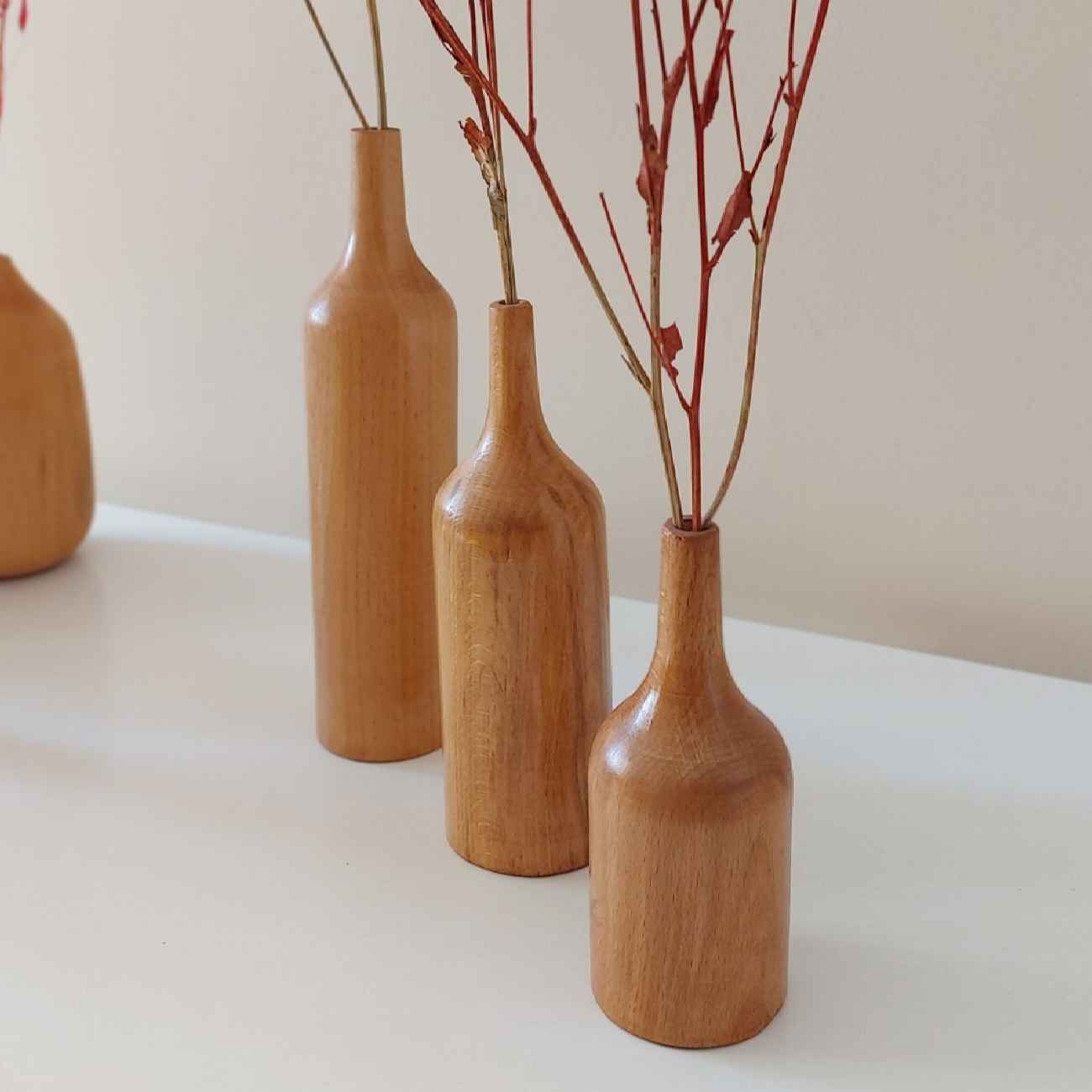 Set of Three Handcrafted Decorative Single Stem Vases, Made from Natural Solid Wood for a Cohesive Display
