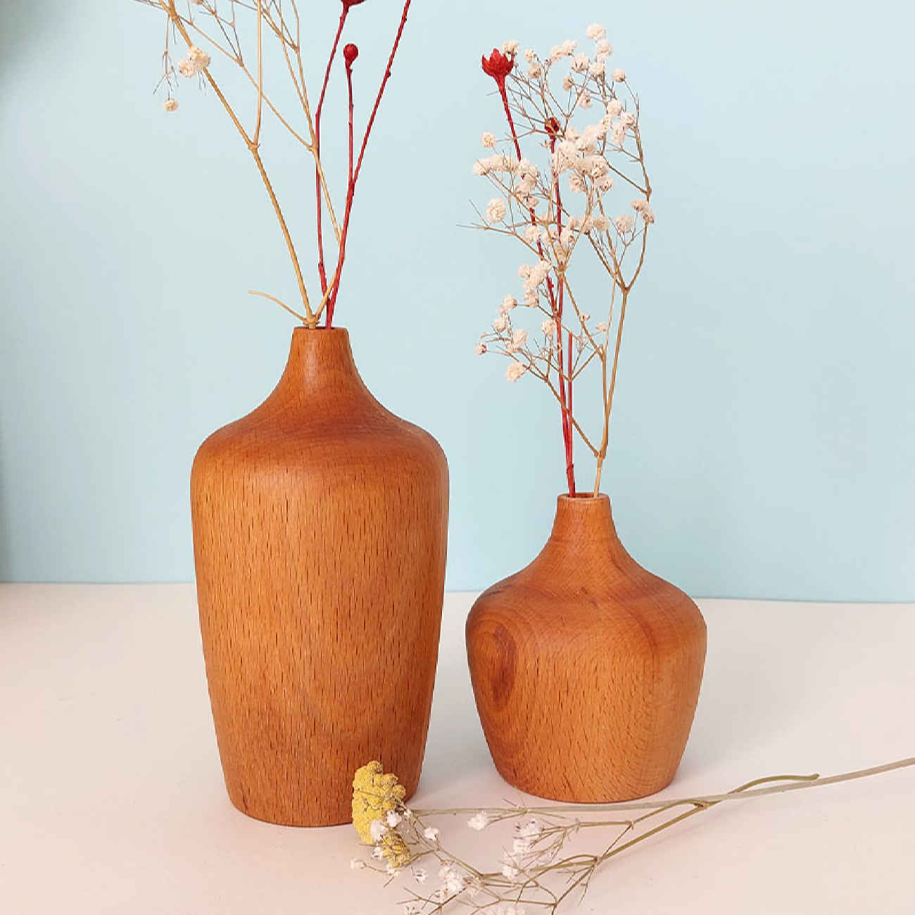 Set of Two Handcrafted Decorative Wooden Single Stem Vases, Offering Elegance with a Rustic Style