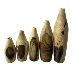 Set of Five Mini Flower Vases, Made from Natural Solid Walnut Wood with a Cream Finish for a Minimalist Decor