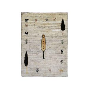 Genuine Persian Tree of Life Gabbeh Rug – Handwoven Animal Motifs – Cream Wool