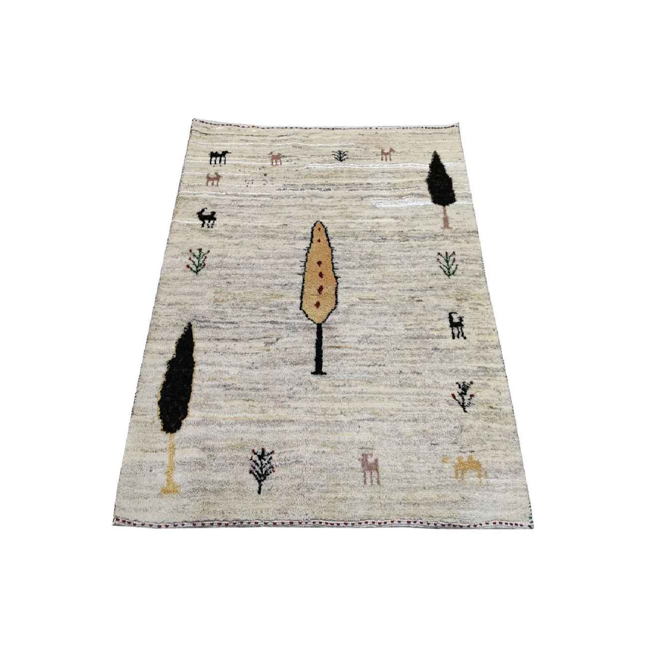 Genuine Persian Tree of Life Gabbeh Rug – Handwoven Animal Motifs – Cream Wool