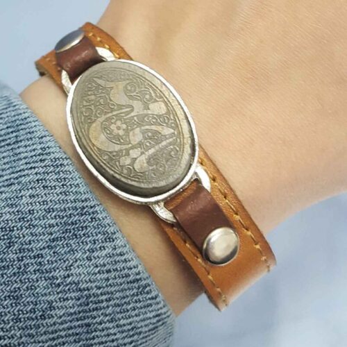 Genuine Leather Bracelet with Jade & Ya Mehdi Design – Islamic Jewelry