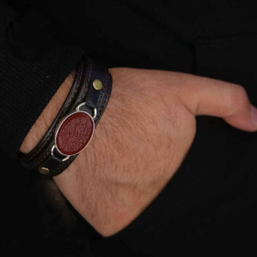 Men’s Genuine Leather Bracelet with Agate & Wa In Yakad Calligraphy – Islamic Jewelry