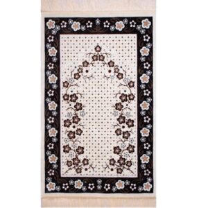Islamic Padded Velvet Prayer Rug Janamaz Sajadah Floral Cream