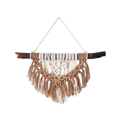 Handmade Cotton Macramé Wall Hanging Tapestry with Wood, Boho Wall Decor