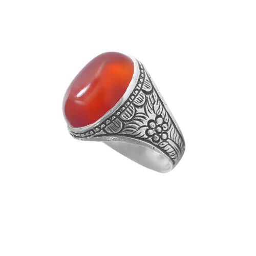 Red Agate Silver Gemstone Ring for Men – Flower Model, Traditional Persian Design