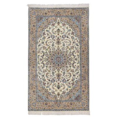 Hand-Knotted Persian Yazd Rug (Lachak Toranj Floral Medallion) - Cream Wool