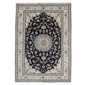 Hand-Knotted Persian Birjand Rug (Lachak Toranj Floral Medallion) – Black Wool