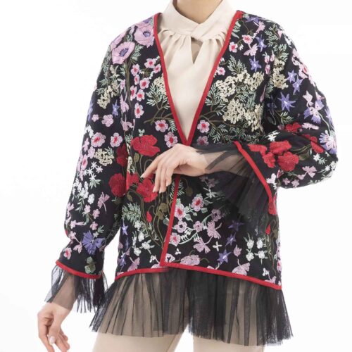 Elegant Persian Blazer Manto with Floral Embroidery and Feminine Style