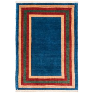 Genuine Handwoven Persian Minimalist Gabbeh Rug – Bordered Navy Blue Wool