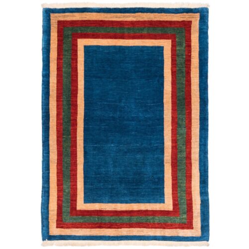 Genuine Handwoven Persian Minimalist Gabbeh Rug - Bordered Navy Blue Wool