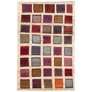 Genuine Handwoven Persian Geometric Gabbeh Rug – Checkered Cream Wool