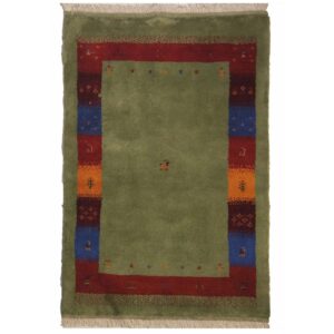 Handwoven Persian Minimalist Gabbeh Rug – Bordered Animal Motifs – Green Wool