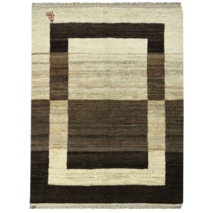Handwoven Persian Geometric Gabbeh Rug – Bordered Brown Wool