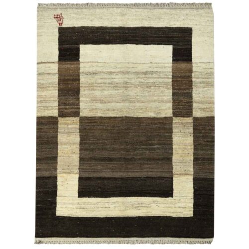 Handwoven Persian Geometric Gabbeh Rug - Bordered Brown Wool
