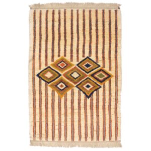 Handwoven Persian Striped Geometric Gabbeh Rug in Cream – Wool