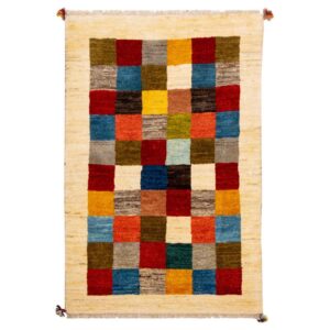 Authentic Handwoven Persian Geometric Gabbeh Rug – Checkered Cream Wool