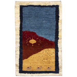 Handwoven Persian Pictorial Gabbeh Rug – Sunburst Design – Navy Blue Wool