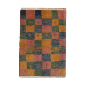 Handwoven Persian Geometric Gabbeh Rug – Checkered Animal Motifs – Orange Wool