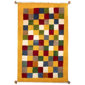 Handwoven Persian Geometric Gabbeh Rug – Checkered Yellow Wool