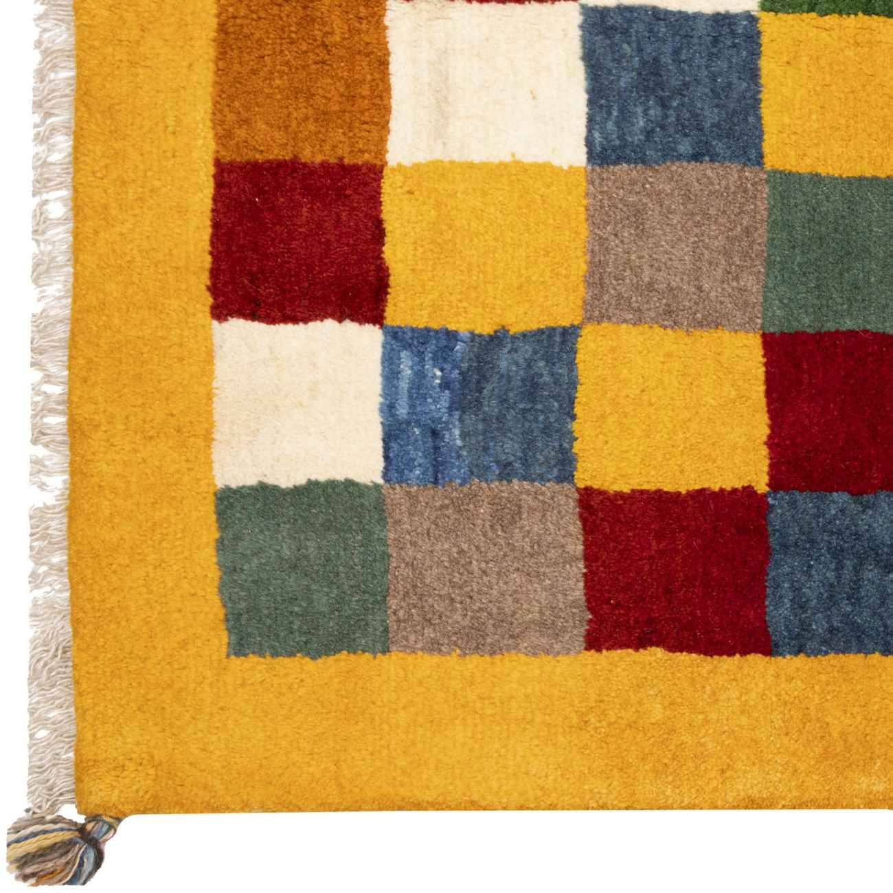 Handwoven Persian Geometric Gabbeh Rug – Checkered Yellow Wool