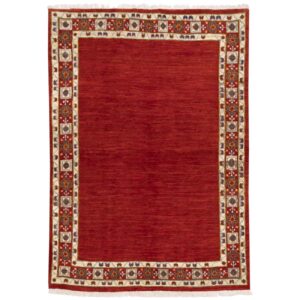 Handwoven Persian Minimalist Gabbeh Rug – Floral Bordered Red Wool