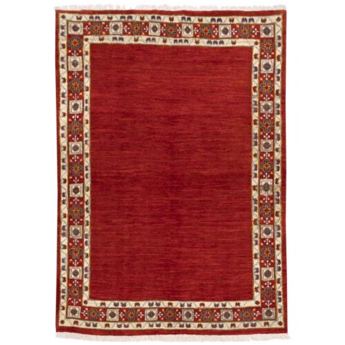Handwoven Persian Minimalist Gabbeh Rug - Floral Bordered Red Wool