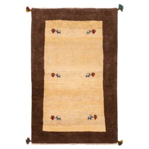 Handwoven Persian Minimalist Gabbeh Rug – Bordered Animal Motifs – Cream Wool